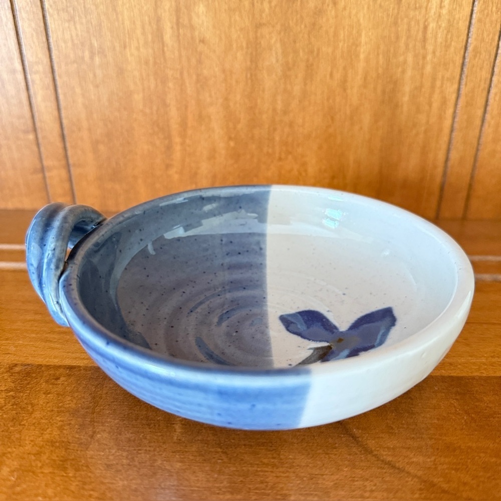 Follette Blue & Gray Glazed Pottery Bowl With Handle Artist Signed 5" Round
